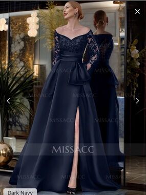Missacc Dark Navy Off-Shoulder Lace A-Line Evening Gown